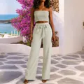 Conjunto de dos piezas verde salvia para mujer con top palabra de honor y pantalón ancho - S / Top Y Pantalón / Albaricoque