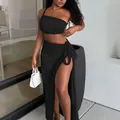 Elegant black two-piece set featuring a one-shoulder crop top and high slit maxi skirt - S / Top And Bottom / Black