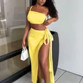 Sexy two-piece skirt set in yellow featuring a one-shoulder top and high-slit skirt. - S / Top And Bottom / Yellow