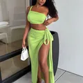 Sexy lime green one-shoulder crop top and high-slit wrap maxi skirt two-piece set - S / Top And Bottom / Fluorescent Green