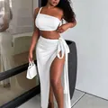 Sexy white one-shoulder crop top and high slit maxi skirt two-piece set for women - White
