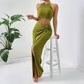 Elegant green pleated halter crop top and high split maxi skirt two-piece set for summer - Green