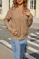 Stylish brown round-neck knitted cardigan with front pockets for casual winter wear - S / Tops / Khaki