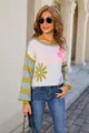 Stylish women's crew neck knit sweater with floral print and striped sleeve design - S / Tops / Yellow