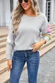 Casual grey loose knitted sweater with colorful flower sleeve patterns and boat neck - S / Tops / Gray