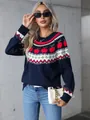 Suéter navideño azul marino con motivo de manzana roja y diseño festivo de punto fair isle - S / Tops / Azul Marino