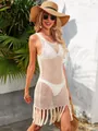 Copricostume da spiaggia boho in maglia all'uncinetto bianca con nappe per le vacanze - Taglia S / Vestiti / Albicocca