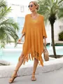 Detail view of mustard yellow crochet beach cover-up with intricate hollow-out patterns - One Size / Tops / Orange