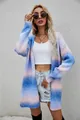 Stylish model wearing a rainbow tie-dye mid-length open front cardigan sweater - S / Tops / Blue Rainbow