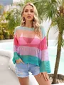 Colorful rainbow striped hollow-out knit cover-up top for summer beach resort wear - Purple