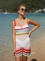 Stylish summer striped crochet beach cover-up dress with vibrant multi-color stripes - S / Dresses / White