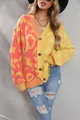 Detailed texture of vibrant leopard print color-block knit cardigan with buttons - S / Tops / Yellow