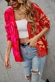 Vibrant red and pink leopard print patchwork oversized cardigan for a chic winter look - XL / Tops / Rose Red Patchwork Red