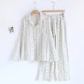Detail view of floral striped cotton gauze pajama set with lapel design - XS / Top And Bottom / Blue Floral