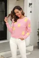 Stylish pink short crew neck knit sweater with vibrant yellow daisy flower patterns - S / Tops / Pink