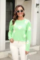 Stylish light green crewneck knit sweater featuring a vibrant white daisy flower pattern design - S / Tops / Green
