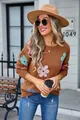 Chic brown crew neck knitted sweater featuring vibrant colorful floral patchwork patterns - S / Tops / Camel