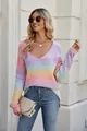 Colorful rainbow gradient tie-dye V-neck knit sweater with irregular hem for women - S / Tops / Pink