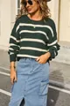 Jersey de punto oversize a rayas verdes y blancas retro para mujer, moda de otoño - S / Tops / Verde Militar