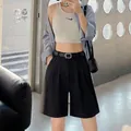 Stylish high-waisted black casual shorts for women with matching belt for summer - Black