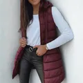 Stylish women's long burgundy quilted puffer vest with hood and zipper closure - S / Tops / Burgundy
