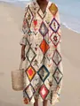 Elegant loose V-neck maxi dress for women with colorful geometric diamond prints - S / Dresses / Colorful Geometric Rhombus Print (Fig 11)