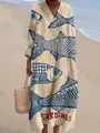 Elegant loose V-neck maxi dress with blue sardine fish print pattern on beige fabric - S / Dresses / Beige Sardine Print (Fig 19)