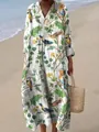 Elegant V-neck long sleeve maxi dress featuring vintage bird and leaf print in a loose fit - S / Dresses / Colorful Bird Print (Fig 2)