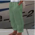 Dames casual broek bosgroen linnenlook met elastische tailleband en zijzakken - Groen