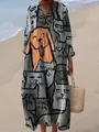 Elegant grey V-neck long dress featuring a whimsical cartoon cat and dog animal print - S / Dresses / Grey Cartoon Cat Dog (Fig 4)