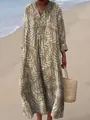 Elegant V-neck leaf print maxi dress in loose fit olive green style - S / Dresses / Dark Green Leaf Print (Fig 5)