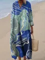 Elegant blue and green artistic printed maxi dress with a V-neck and loose bohemian fit - S / Dresses / Blue Teal Abstract Art (Fig 7)