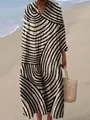 Elegant women's V-neck maxi dress featuring a bold black and white circular stripe print - S / Dresses / Black White Swirl Stripe (Fig 8)