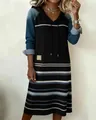 Casual hooded long sleeve dress featuring denim patchwork sleeves and striped color block detail - S / Dresses / Dark Blue