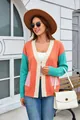 Detail of vintage color-block knit cardigan with pockets for autumn fashion. - S / Tops / Watermelon red