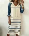Full-length view of hooded color-block maxi dress with denim-style sleeves and drawstrings. - S / Dresses / White