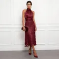 Elegant burgundy halter-neck midi dress with satin patchwork and sleeveless design - S / Dresses / Burgundy