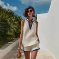 Stylish white cotton linen two-piece set with blue contrast piping for summer vacation - S / Top And Bottom / Blue Contrast