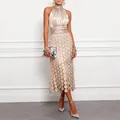 Elegant champagne halter neck sleeveless satin patchwork maxi dress for women in SKU view - S / Dresses / Champagne