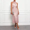 Elegant pink halter neck satin sleeveless maxi dress with waist-cinching design - S / Dresses / Pink
