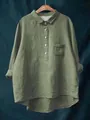 Camicia casual da donna in cotone lino verde salvia con colletto a rever e taschino - Verde militare