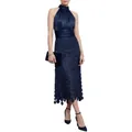 Elegant navy blue halter neck sleeveless long dress with satin spliced bodice - Navy Blue