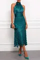 Elegant emerald green satin halter neck sleeveless midi dress with a unique textured skirt - Teal