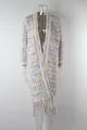 Macro view of long open-front cardigan featuring colorful knit and fringe detail - S / Tops / Yellow