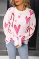 Women's oversized pink and white knit sweater featuring cute red heart print patterns - S / Tops / White