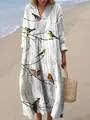 Elegant loose V-neck long maxi dress with vintage bird and branch print in white colorway - S / Dresses / Realistic Bird Branch (Fig 15)