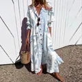 Elegant light blue leaf print maxi dress with lapel collar and buttons for women. - S / Dresses / Blue White Leaf Print