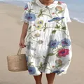 Vintage stijl lange jurk met bloemenprint en witte Peter Pan-kraag op het strand. - XS / Dresses / Witte rood-blauwe bloemenprint (Stijl 12)