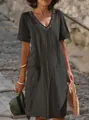 Front view of summer cotton linen V-neck dress with decorative neckline and side pockets - S / Dresses / Black