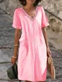 Elegant pink V-neck cotton linen short sleeve summer dress with pockets and embroidery - S / Dresses / Pink